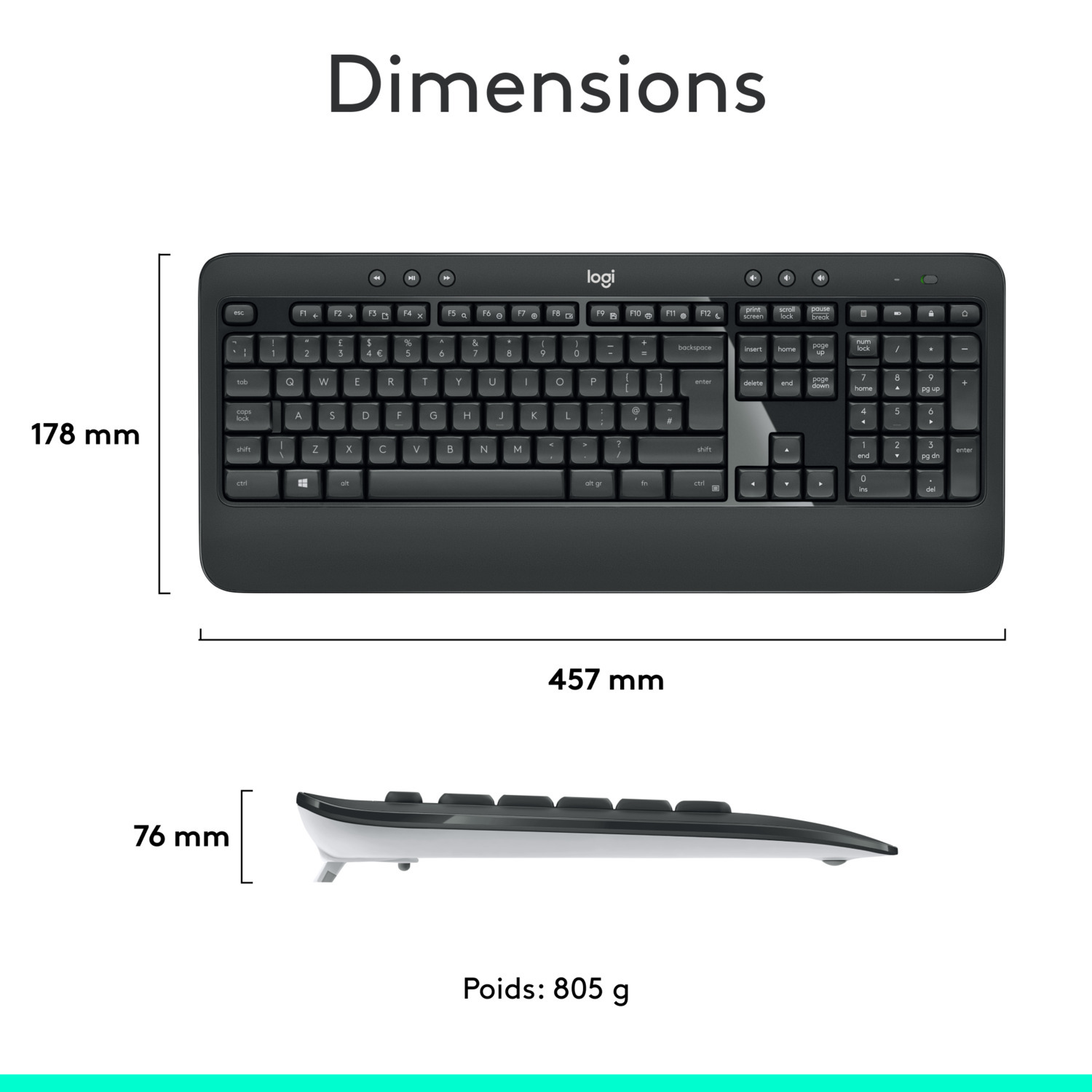 Un clavier noir avec des dimensions de 457 mm de large, 178 mm de haut et 76 mm de profondeur.