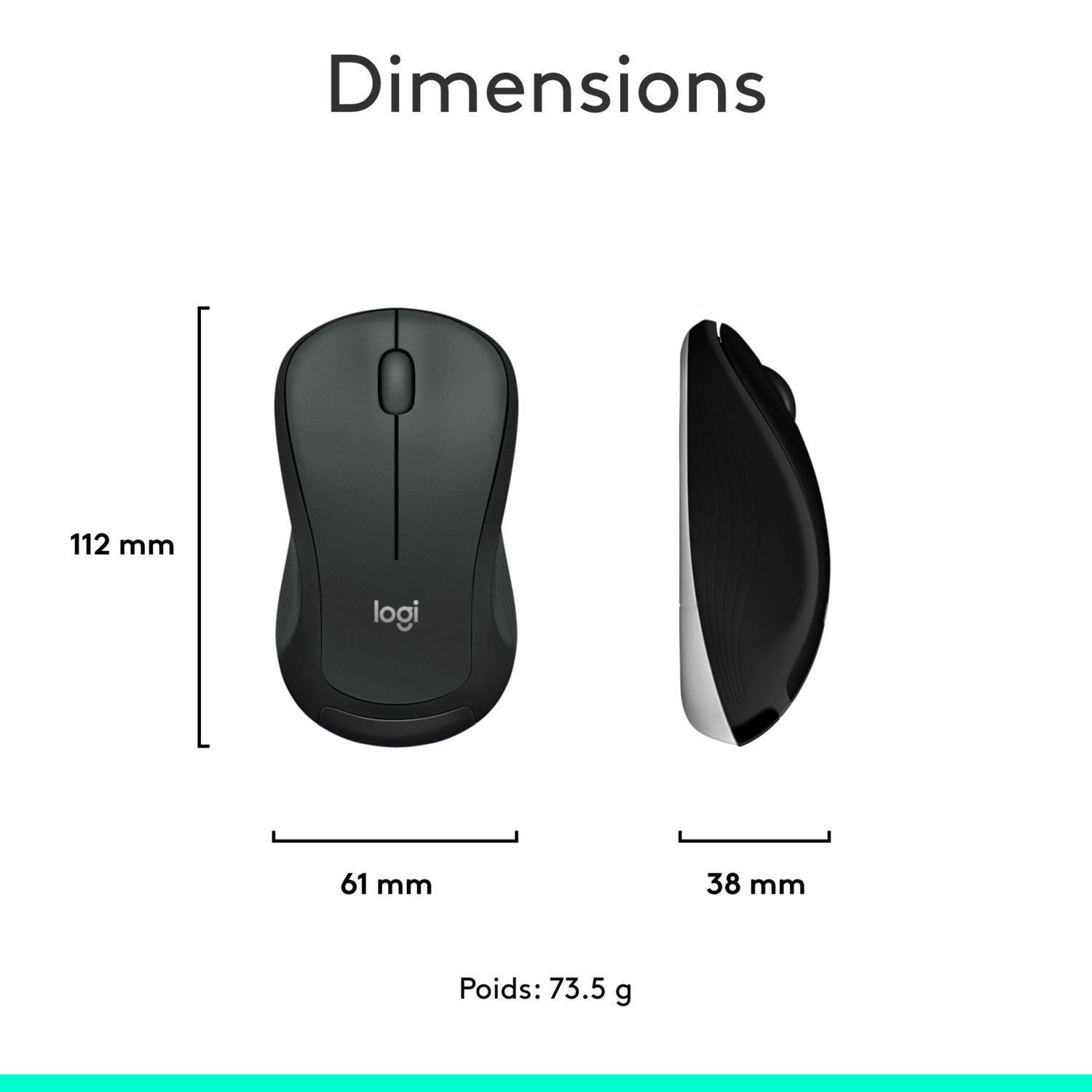Une souris noire avec dimensions en mm. Affiche longueur, largeur et épaisseur. Texte : Dimensions.