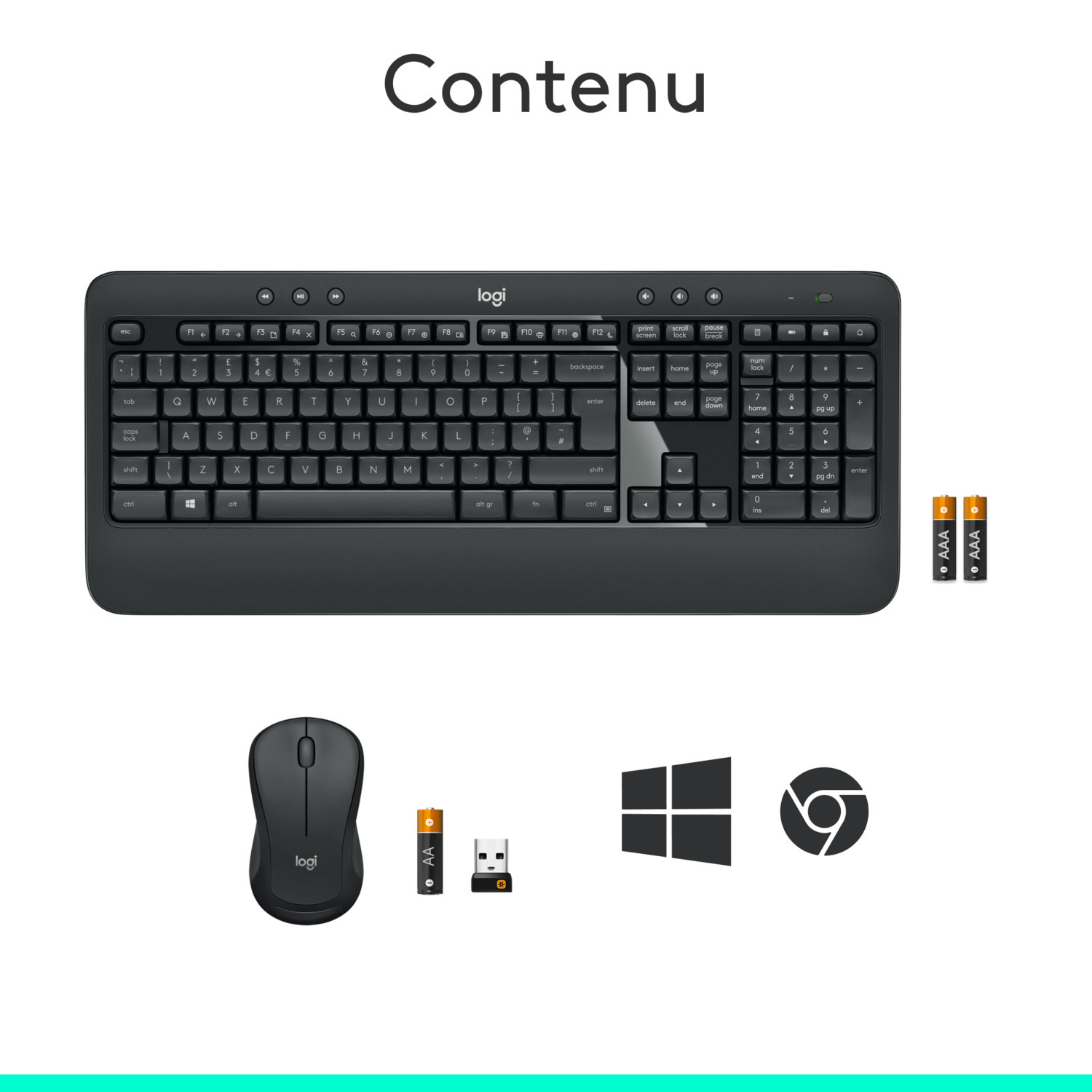 Un clavier, une souris et deux piles AAA. Également, un récepteur USB et les logos Windows/Chrome.