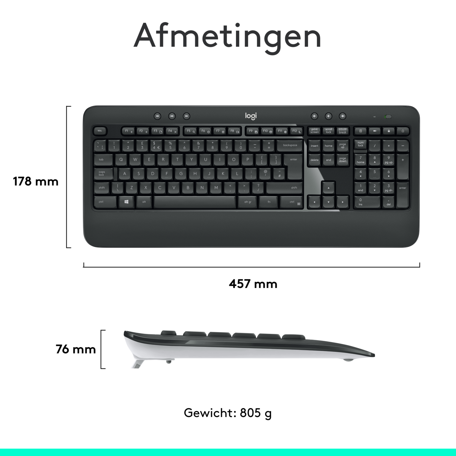 Black keyboard with white keys and dimensions marked in mm. Measurement is 457x178x76.