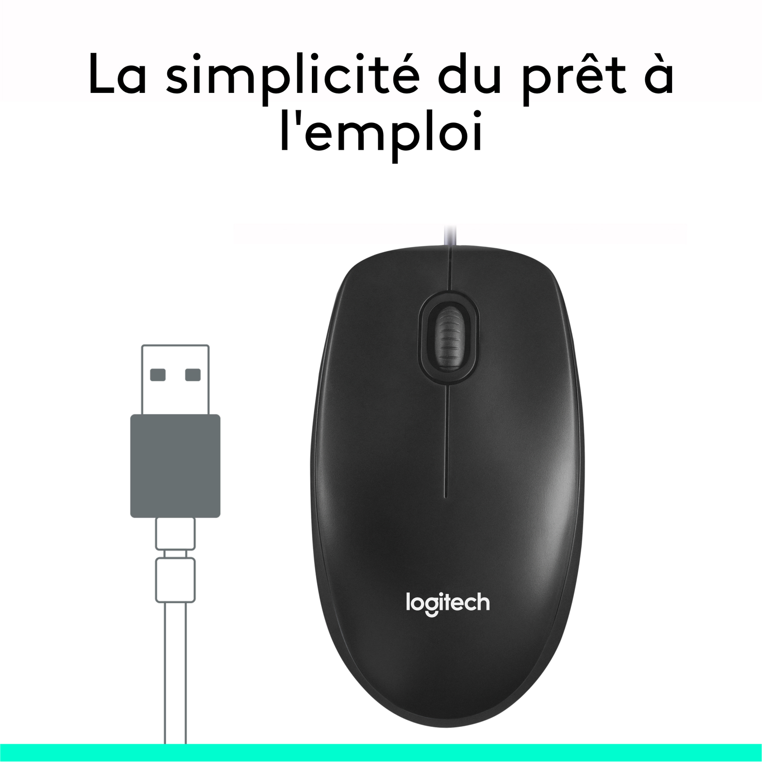 Souris d'ordinateur noire avec câble USB ; fond blanc ; texte au-dessus.