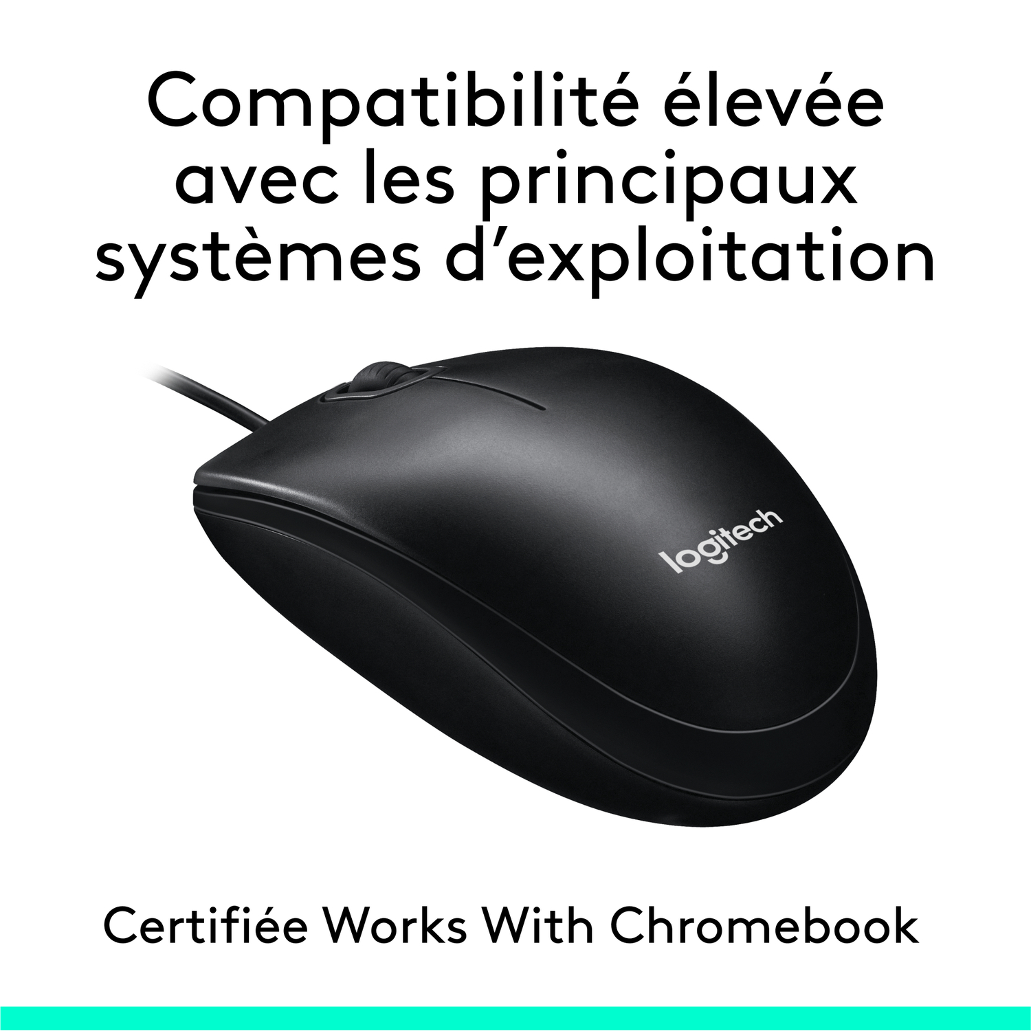 Souris Logitech noire sur fond blanc avec texte en français.