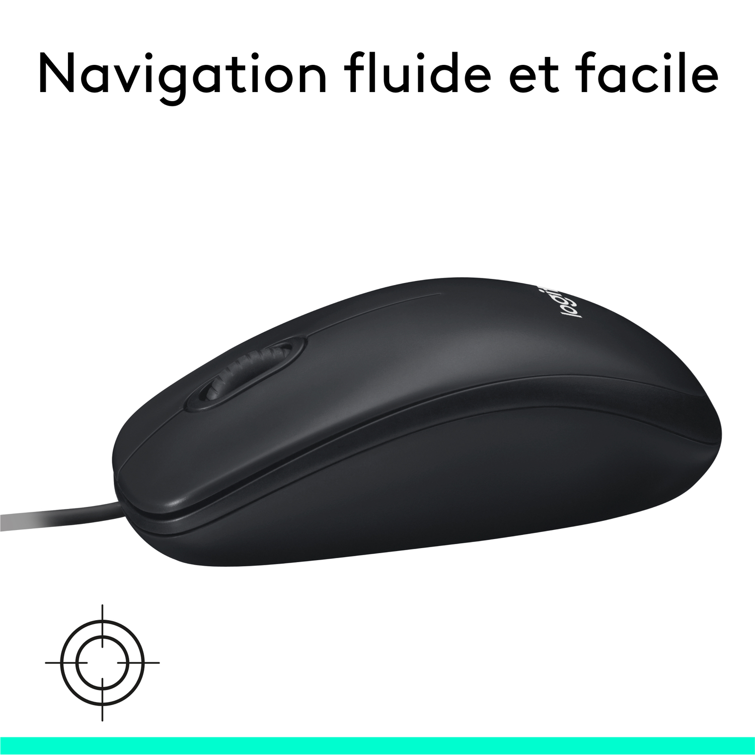 Souris noire avec un câble. Le texte dit 'Navigation fluide et facile' en français, avec un symbole de cible.