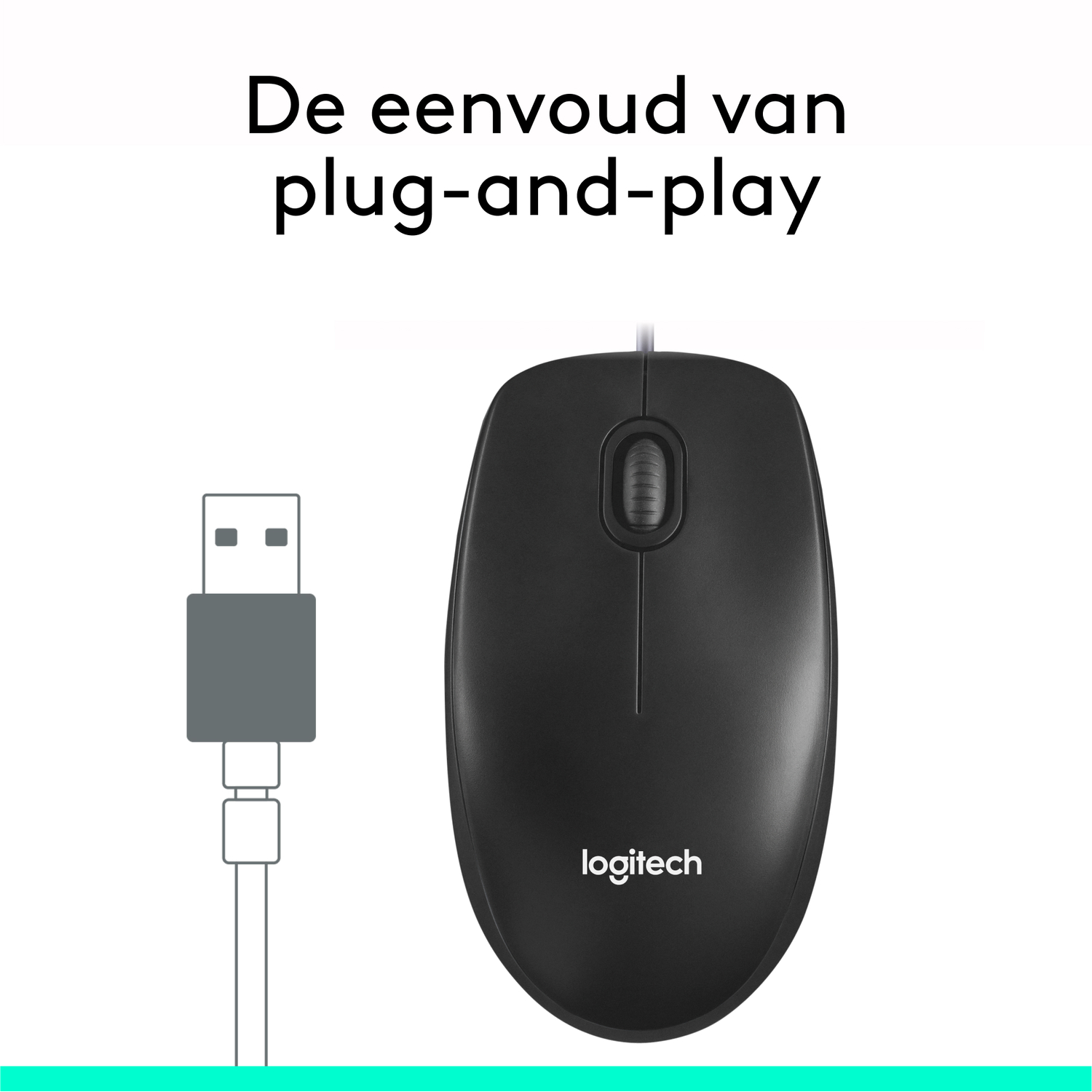 Black mouse with USB cable and text in Dutch: The simplicity of plug and play.