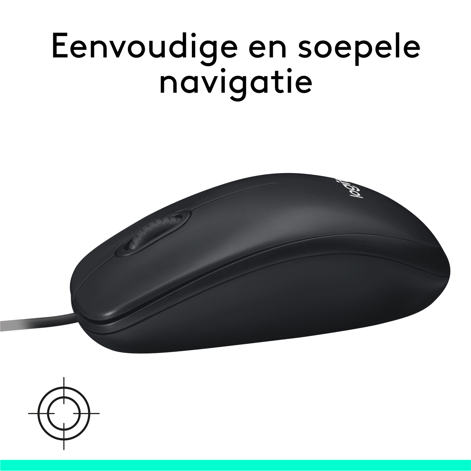 A black Logitech mouse on a white surface, with a target icon below it.