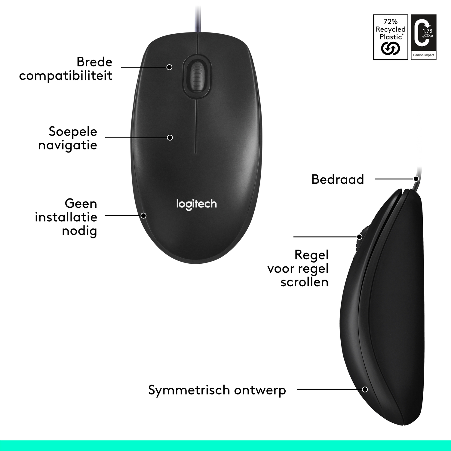 Black Logitech mouse. Shows wide compatibility, smooth navigation, and wired connection.