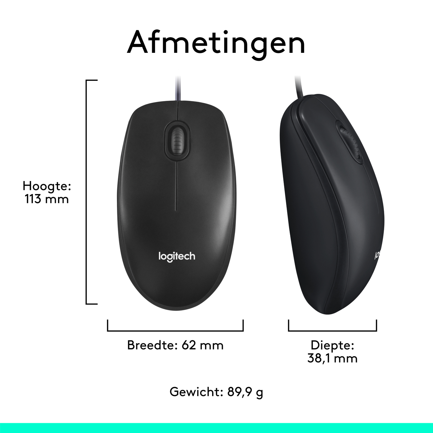 Black Logitech mouse. Measurements: 62mm width, 38.1mm depth, 113mm height, 89.9g weight.