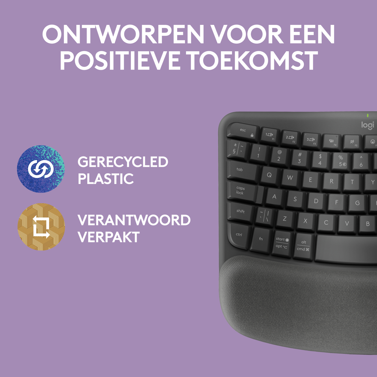 A gray keyboard with a wrist rest. Text on the image reads: Recycled plastic and responsible packaging.