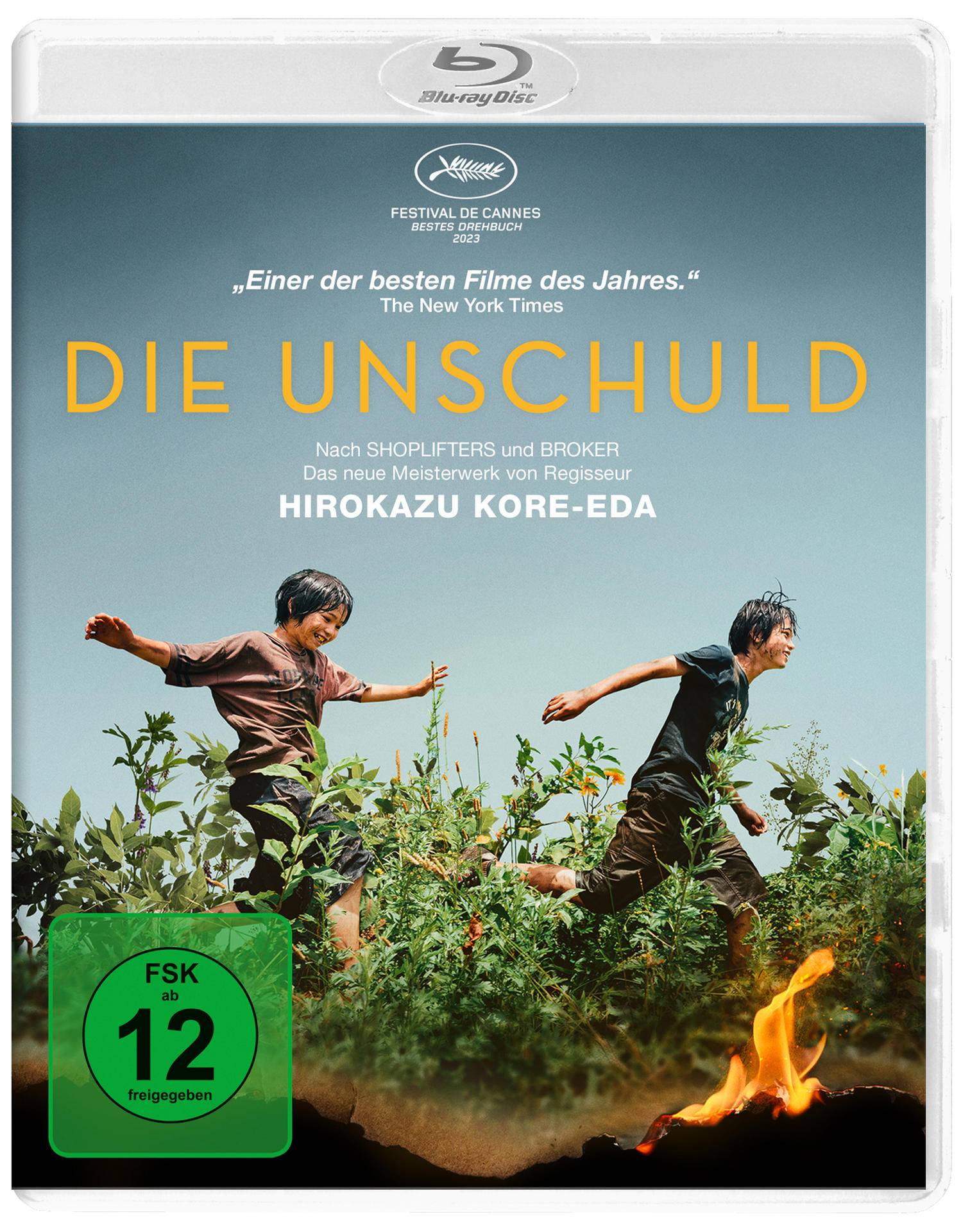 Blu-ray-Cover. Jungen rennen vor Feuer weg. Text in Gelb. Filmtitel auf Deutsch.