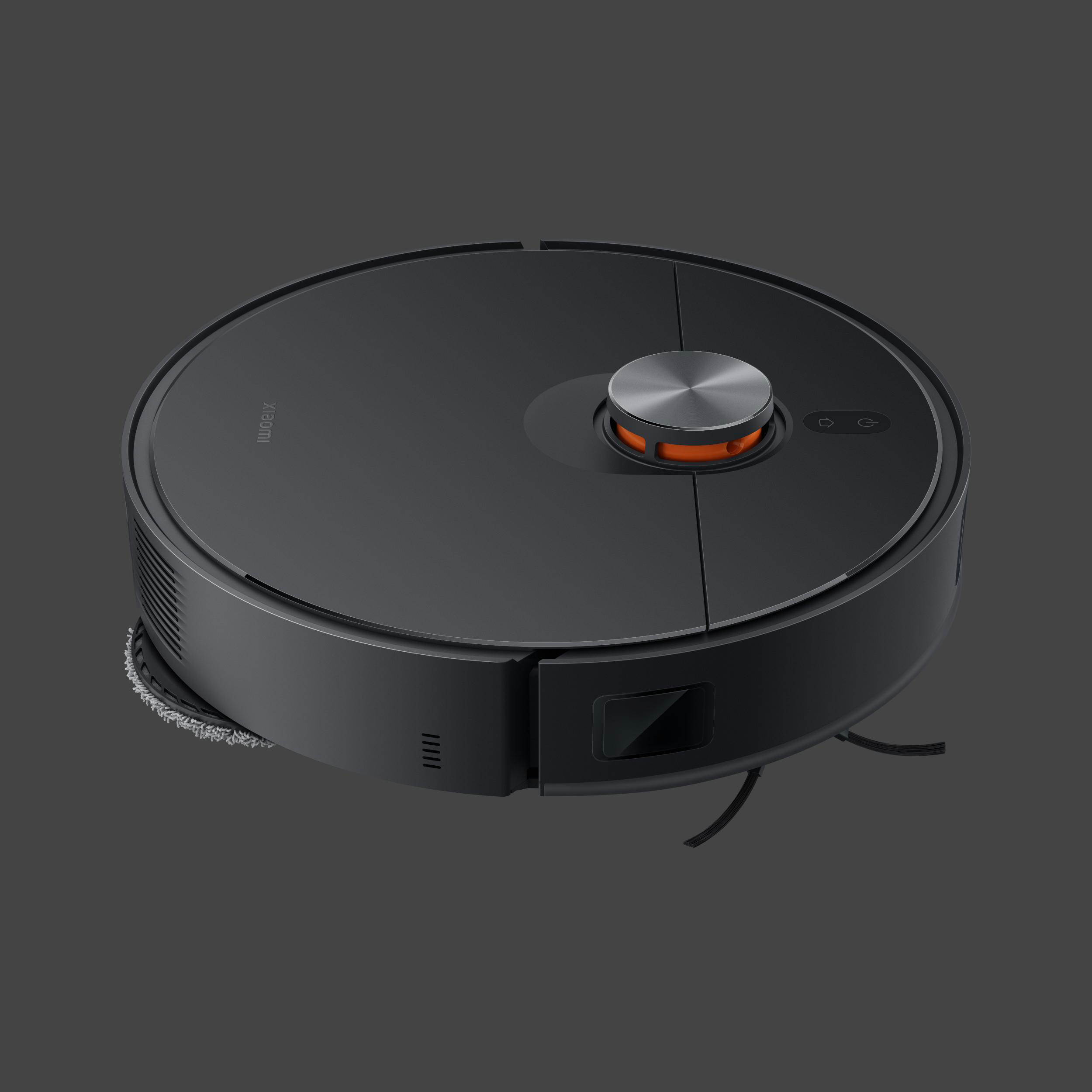 Ein dunkelgrauer Roboter-Staubsauger auf einem dunkelgrauen Hintergrund.