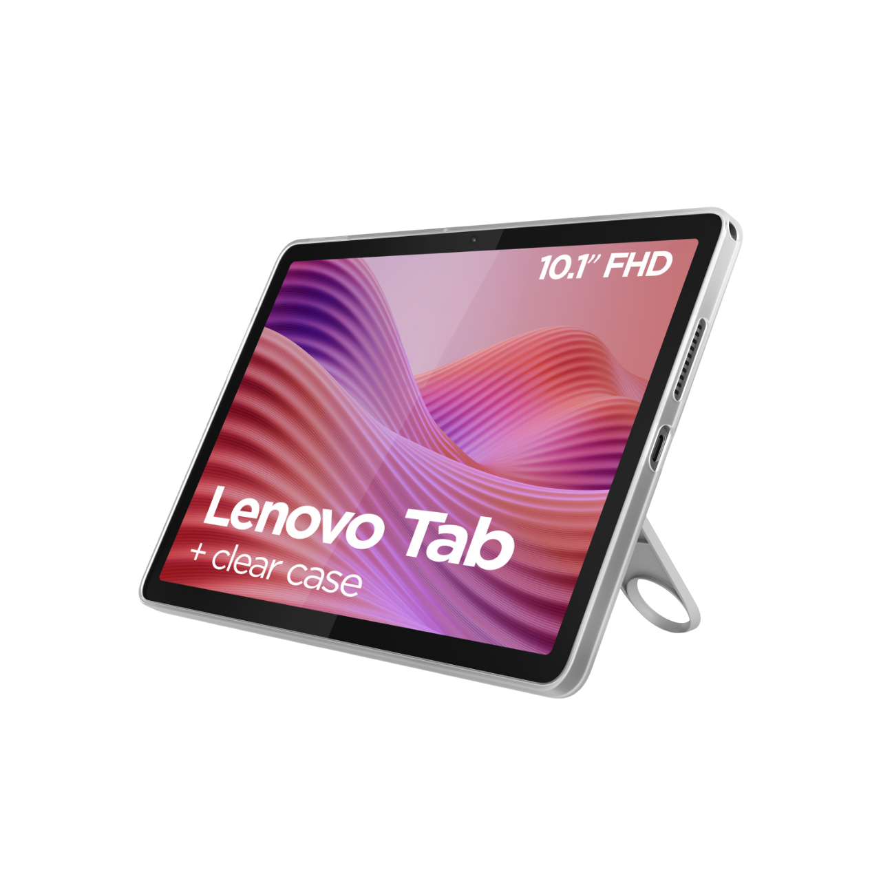 Lenovo Tab Tablet mit klarer Hülle. 10,1" FHD Display. Tablet im Ständer, angewinkelte Ansicht.