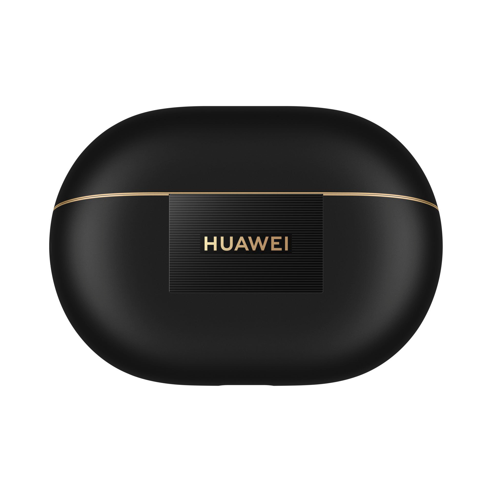 Schwarzes, ovales Ladeetui mit goldfarbenem Rand und Huawei-Logo in der Mitte.