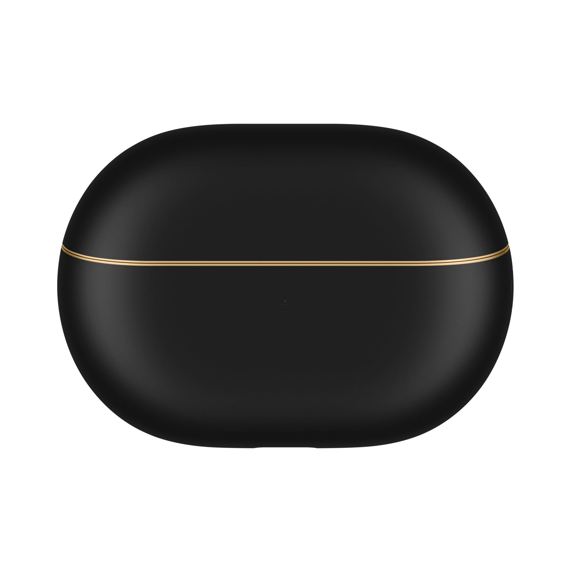 Schwarzes kabelloses Ohrhörer-Etui mit einem Goldstreifen in der Mitte.