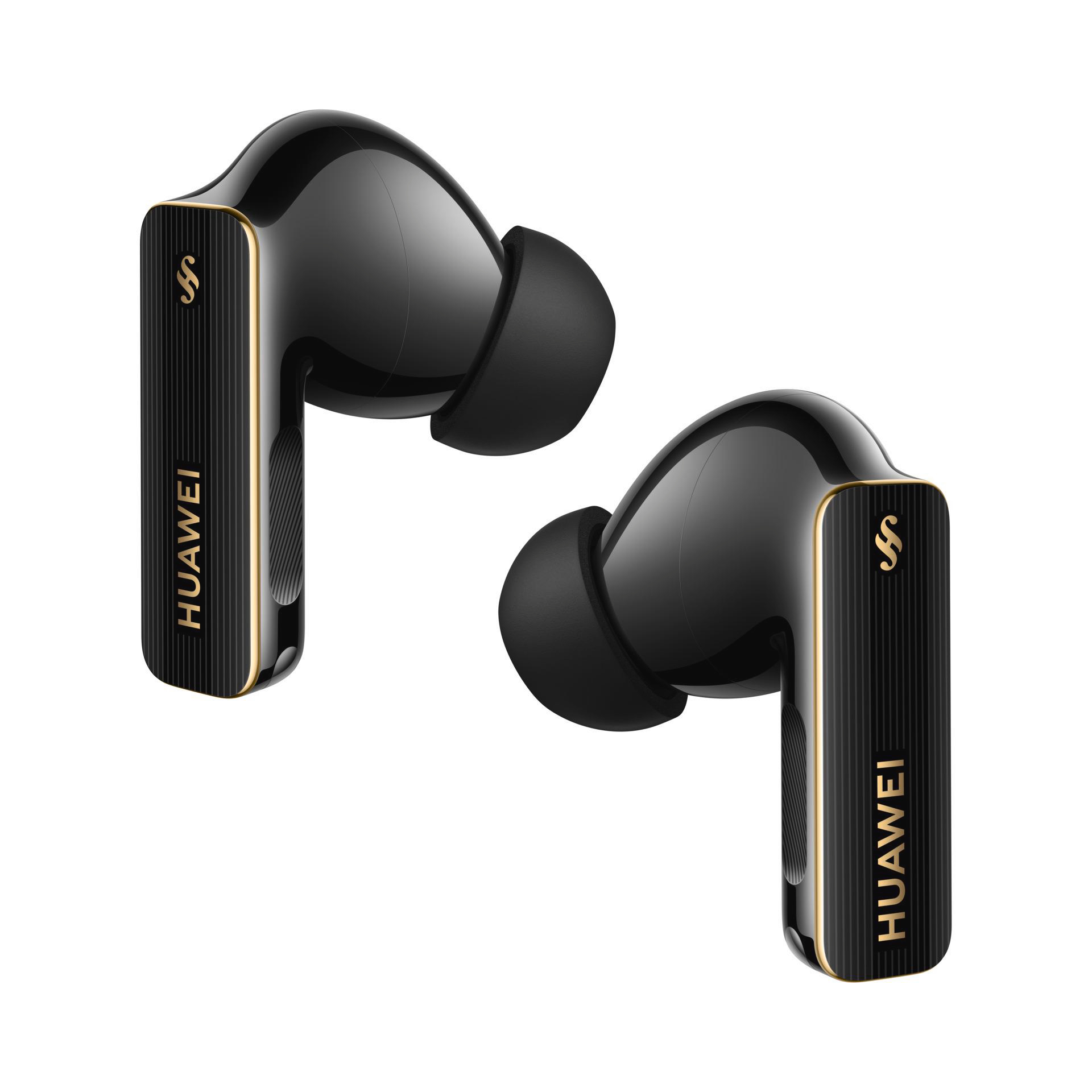 Schwarze Huawei-Ohrhörer mit goldenen Akzenten. Der Hintergrund ist weiß.