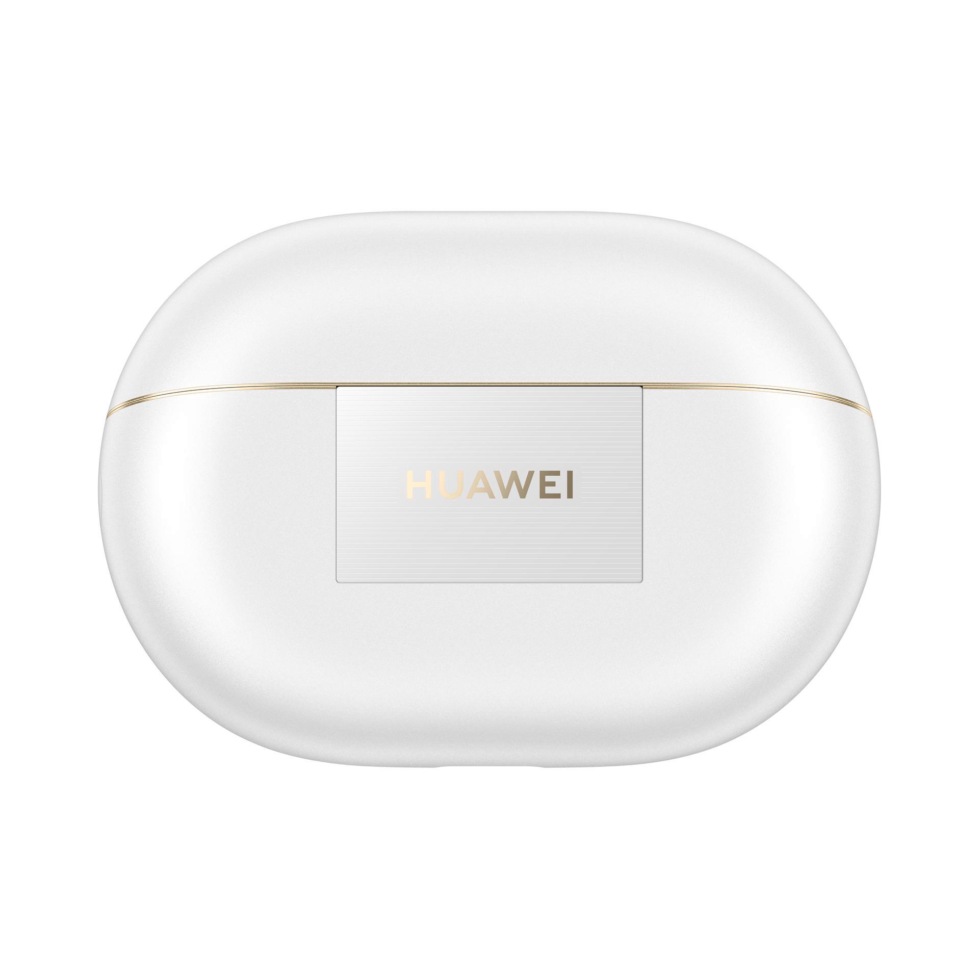 Weißes, ovales Ohrhörer-Etui mit dem Wort HUAWEI darauf.