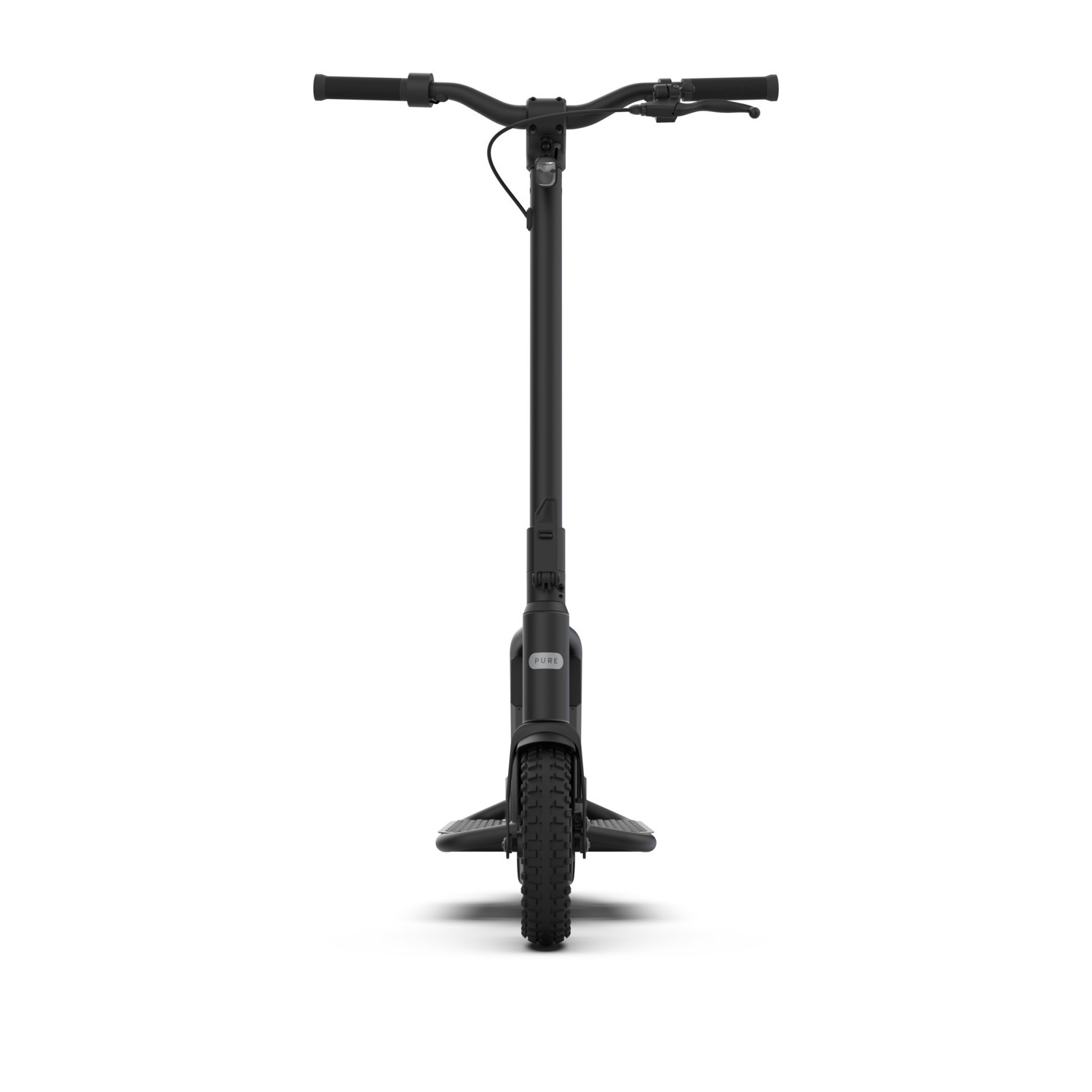 Une trottinette électrique noire face au spectateur, avec le guidon et les pneus visibles.