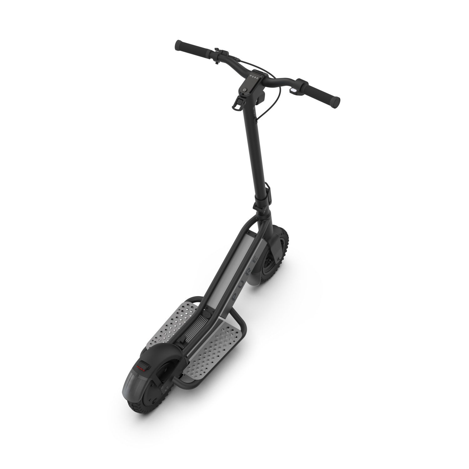 Une trottinette électrique vue d'en haut, montrant la plateforme et le guidon.