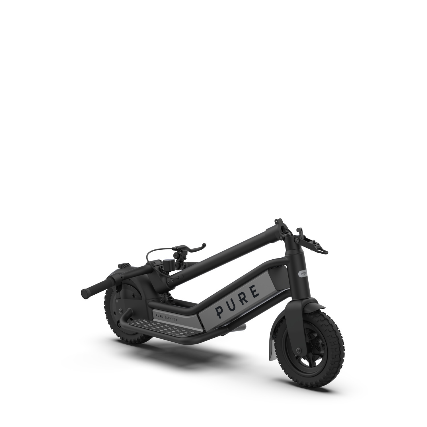 Trottinette électrique noire et grise sur fond blanc. Le mot 'PURE' est visible.