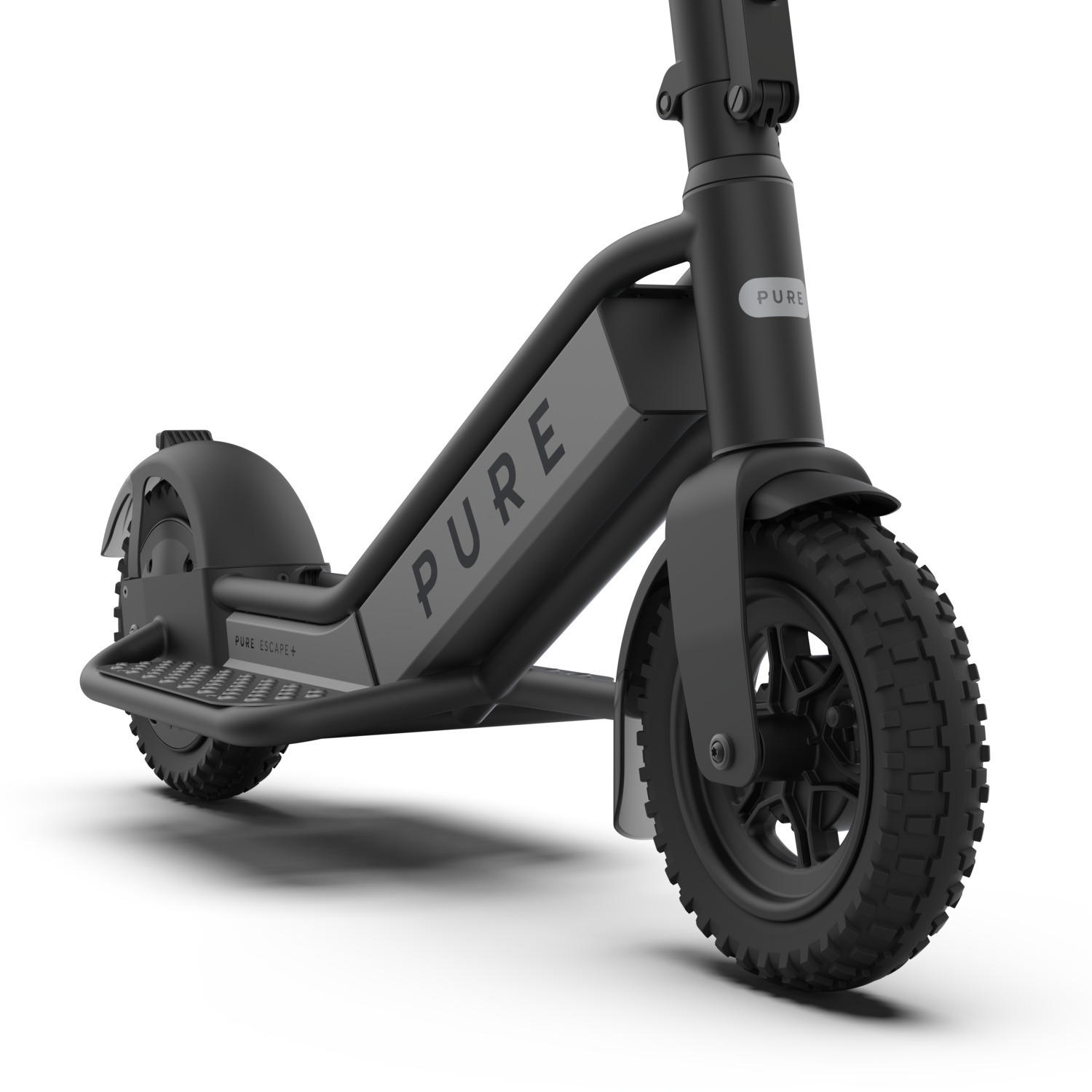 Trottinette électrique noire, vue latérale, avec logo 'PURE'.