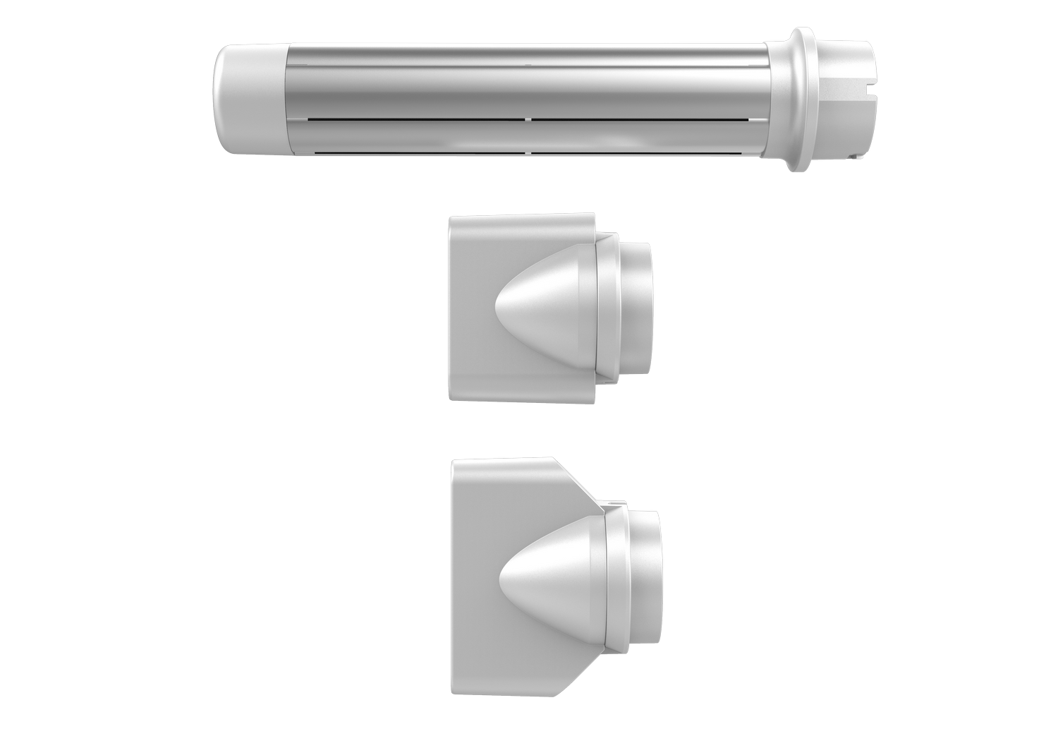 Tres piezas de máquina blancas y plateadas sobre fondo negro.