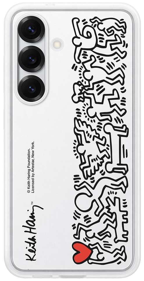 Etui na telefon z czarnymi figurkami i czerwonym sercem na białym tle.