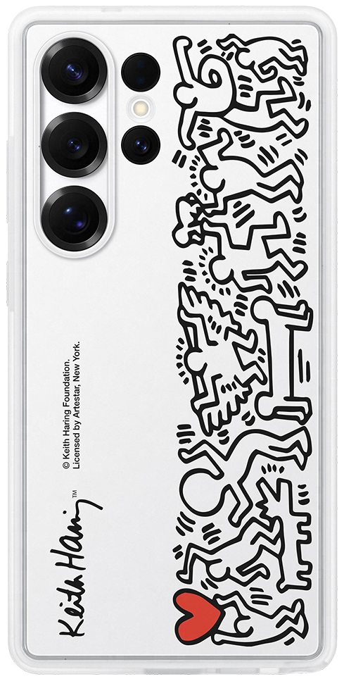 Białe etui na telefon z figurami Keitha Haringa i czerwonym sercem.