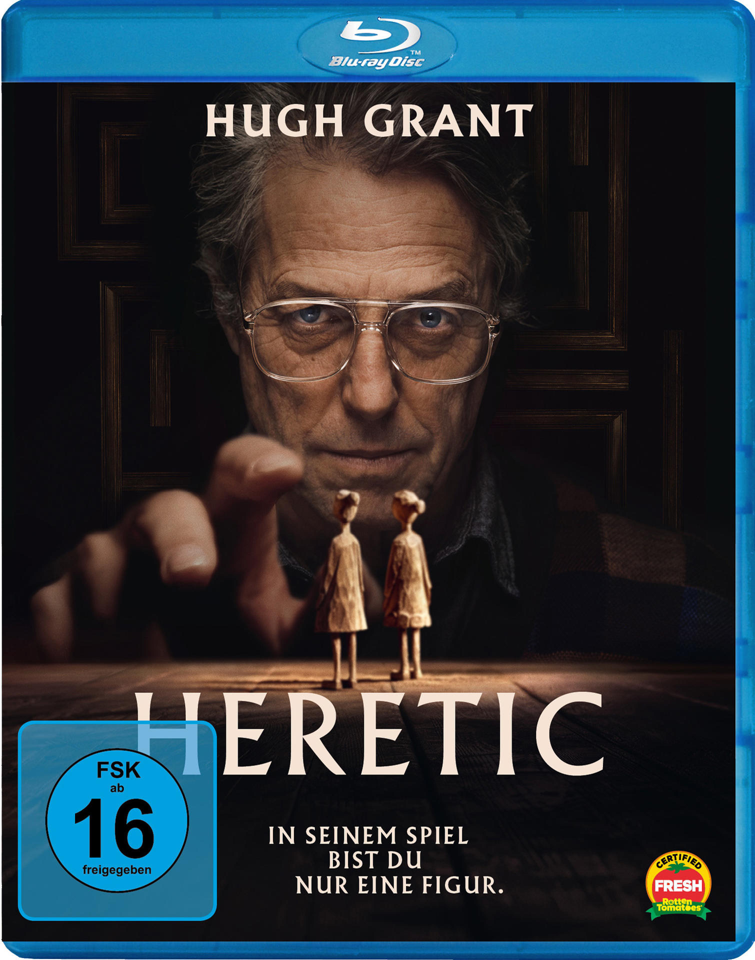 Filmcover: Hugh Grant, Titel: Heretic, mit Blu-ray Disc Logo.