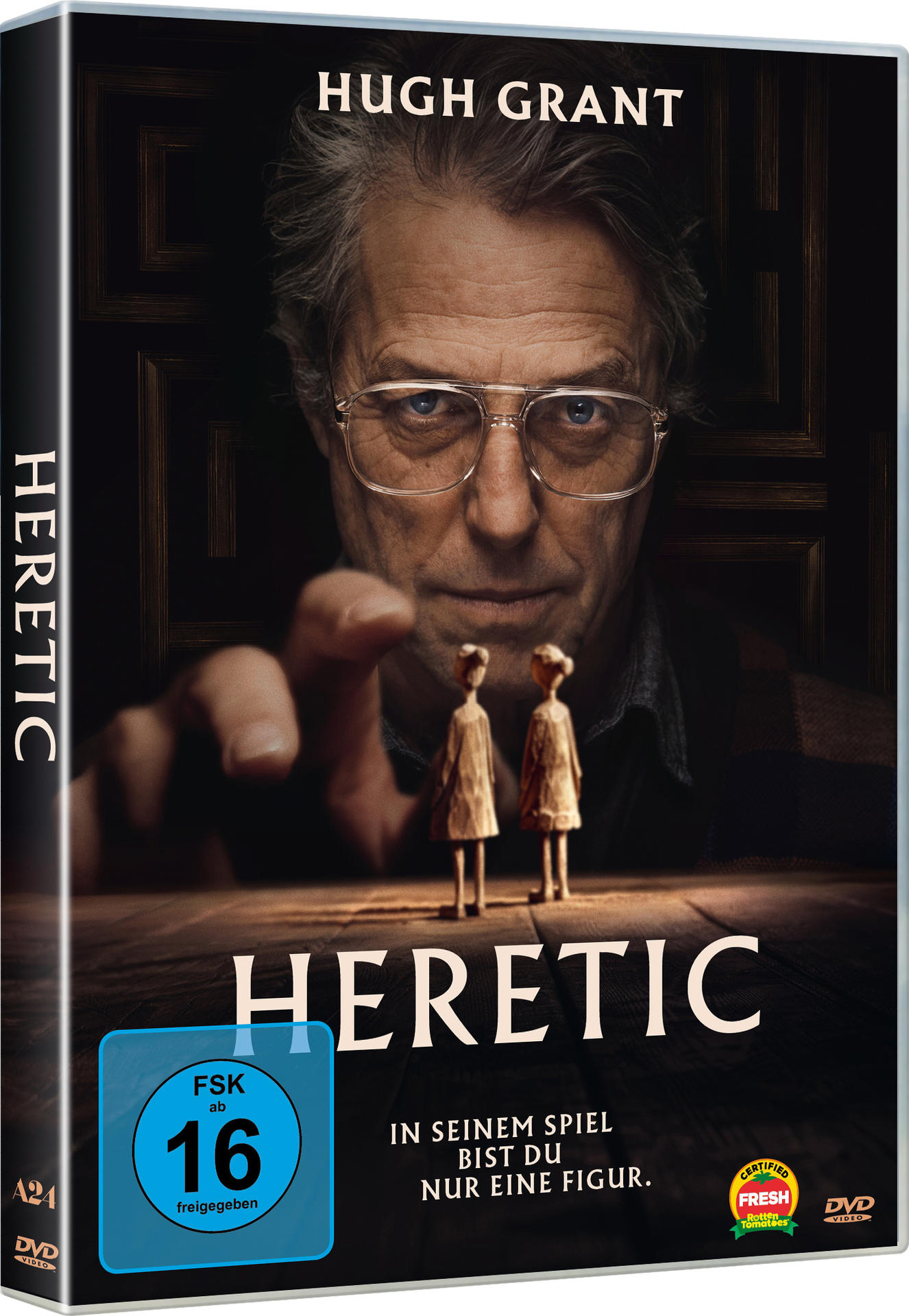 DVD-Hülle mit Hugh Grant auf dem Cover. Der Filmtitel ist Heretic. AFSK 16 Logo ist vorhanden.
