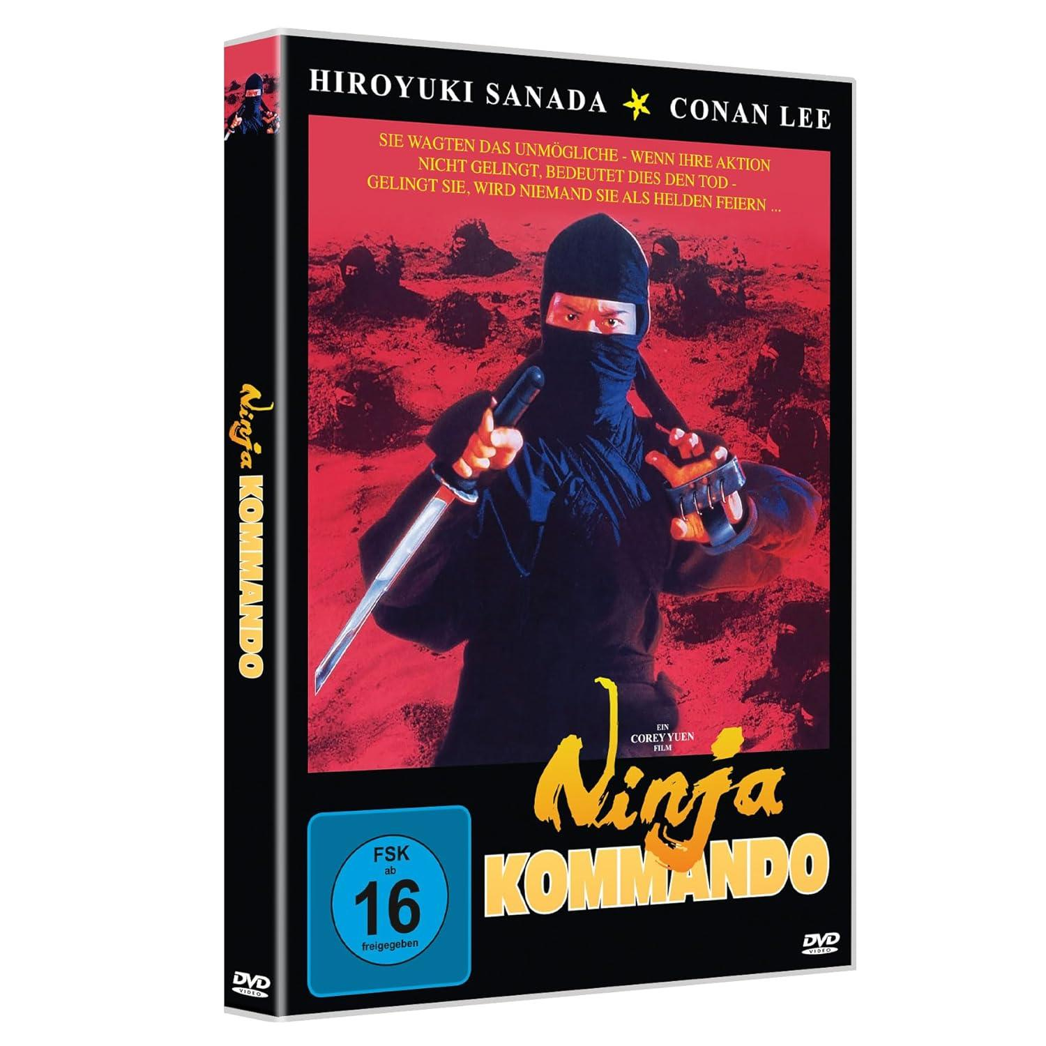 DVD-Cover: Ein Ninja in Schwarz hält ein Schwert. Roter Hintergrund, Gesichter im Hintergrund.