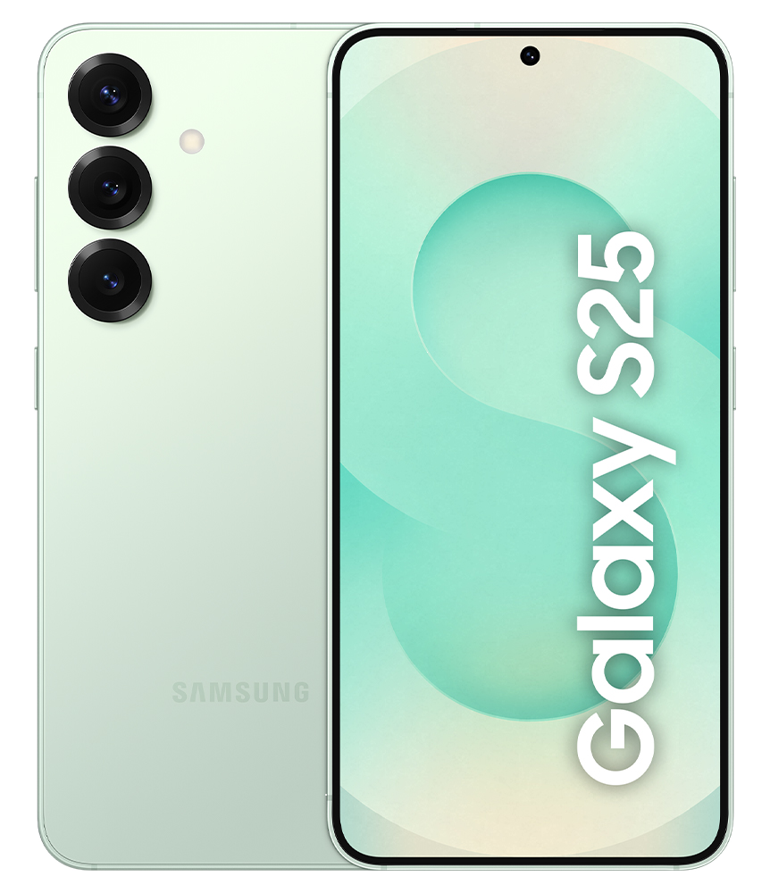 Miętowy zielony telefon Galaxy S25, tył z aparatami, ekran przedni z tekstem.