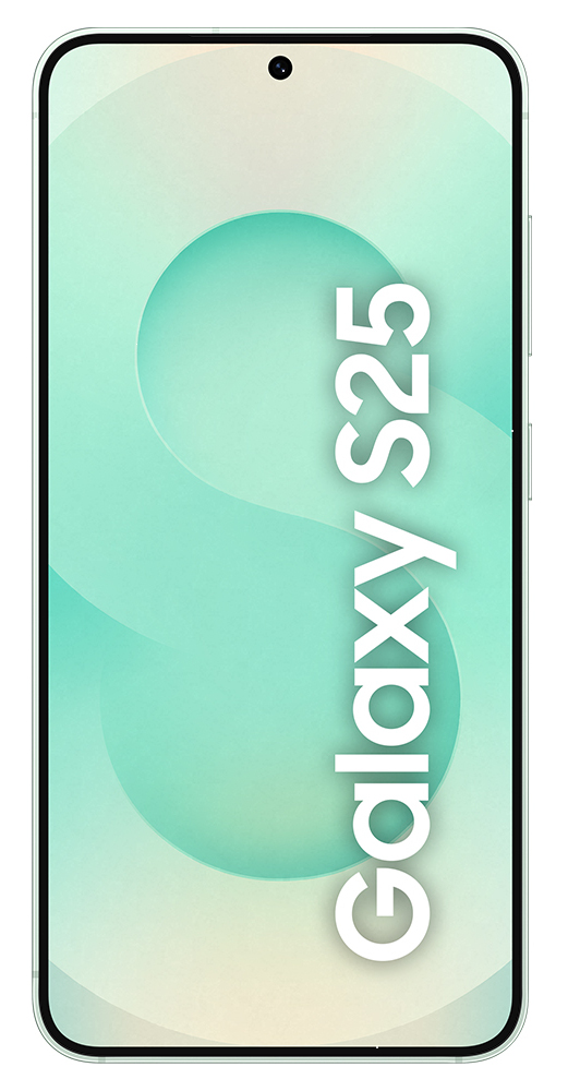 Biały smartfon z tekstem Galaxy S25 na ekranie.