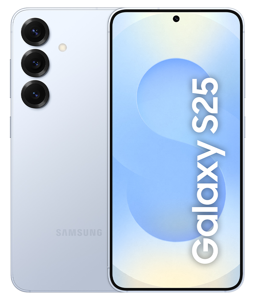 Jasnoniebieski telefon z trzema aparatami i Galaxy S25 na ekranie.