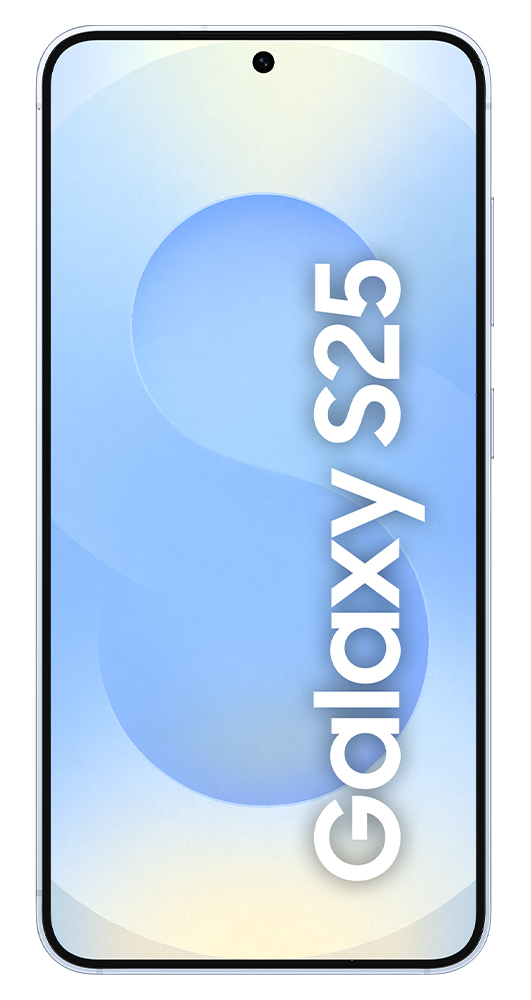 Jasnoniebieski smartfon z napisem 'Galaxy S25' na ekranie.