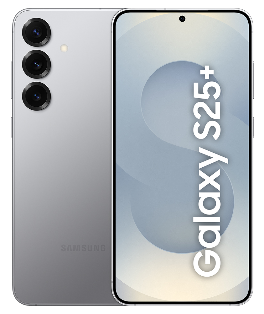 Srebrny telefon Samsung Galaxy S25+ z potrójnym aparatem i dużym wyświetlaczem.