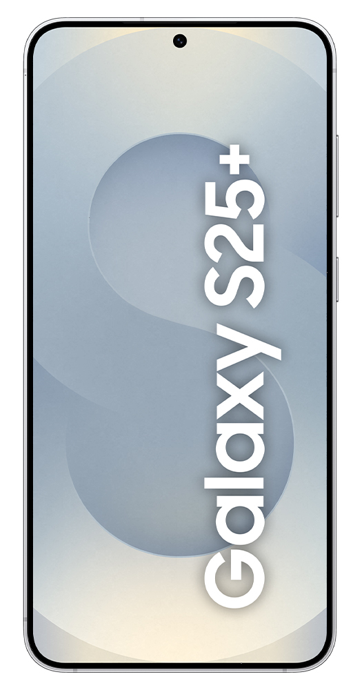 Srebrny smartfon na białym tle ze słowem 'Galaxy S25+'.
