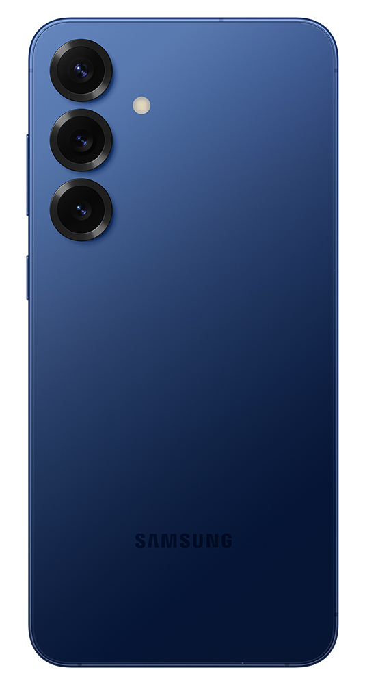 Widok z tyłu niebieskiego telefonu Samsung z trzema aparatami i lampą błyskową. Widoczne jest logo Samsung.