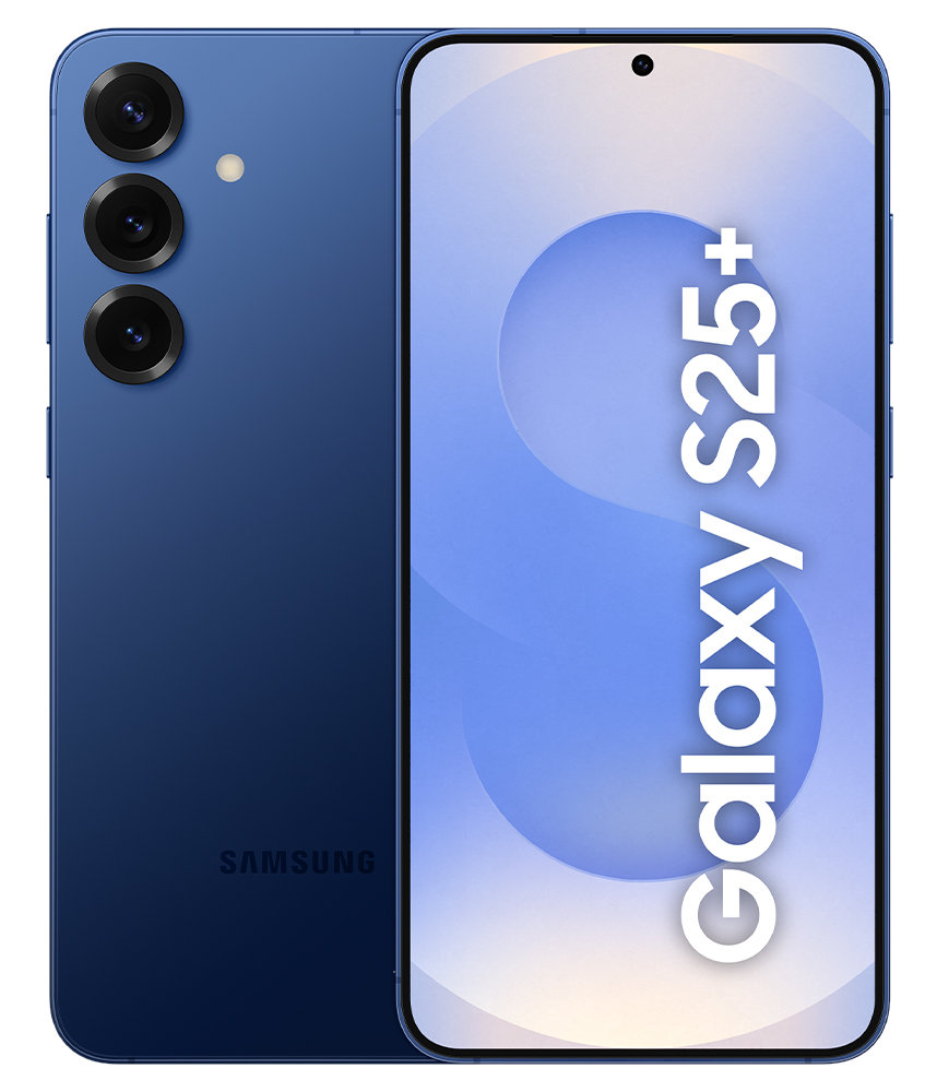 Niebieski telefon Samsung z trzema aparatami i napisem Galaxy S25+. Tło jest czarne.