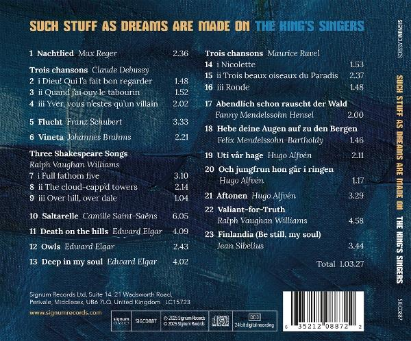 Rückseite einer CD mit Titelliste und Text auf blauem Hintergrund.