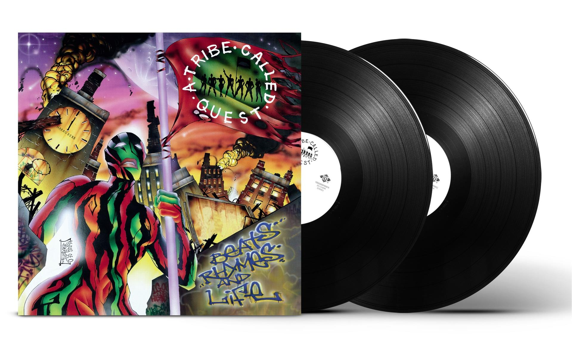 Albumcover von A Tribe Called Quest mit zwei schwarzen Vinylplatten.