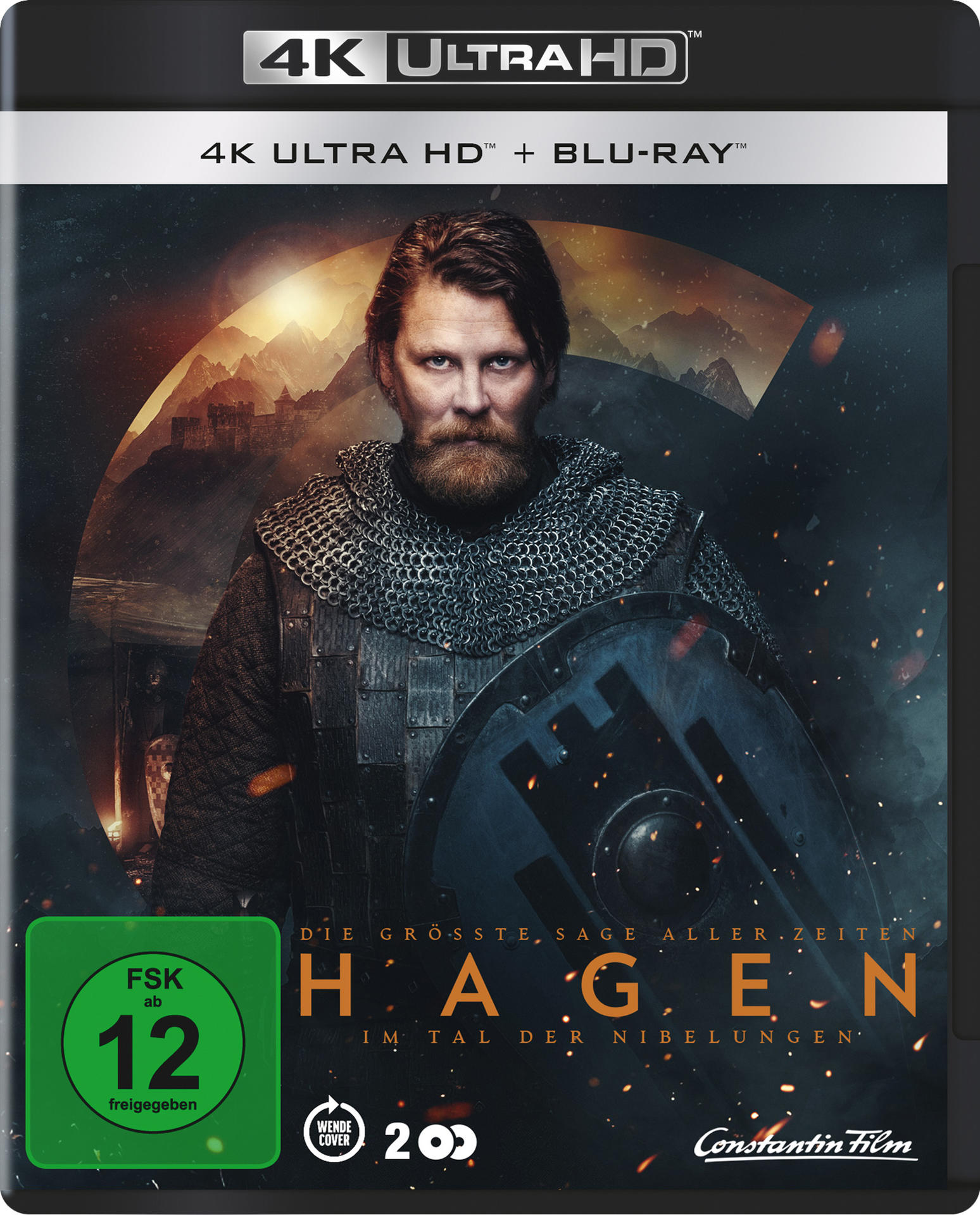 Filmcover mit Mann, Rüstung, Schild und Text auf schwarzem Case.