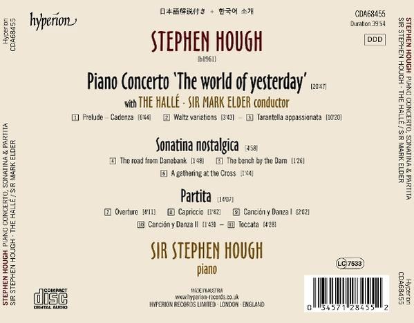 CD-Hülle mit Titelliste von Stephen Hough's Klavierkonzertalbum. Text auf Englisch.