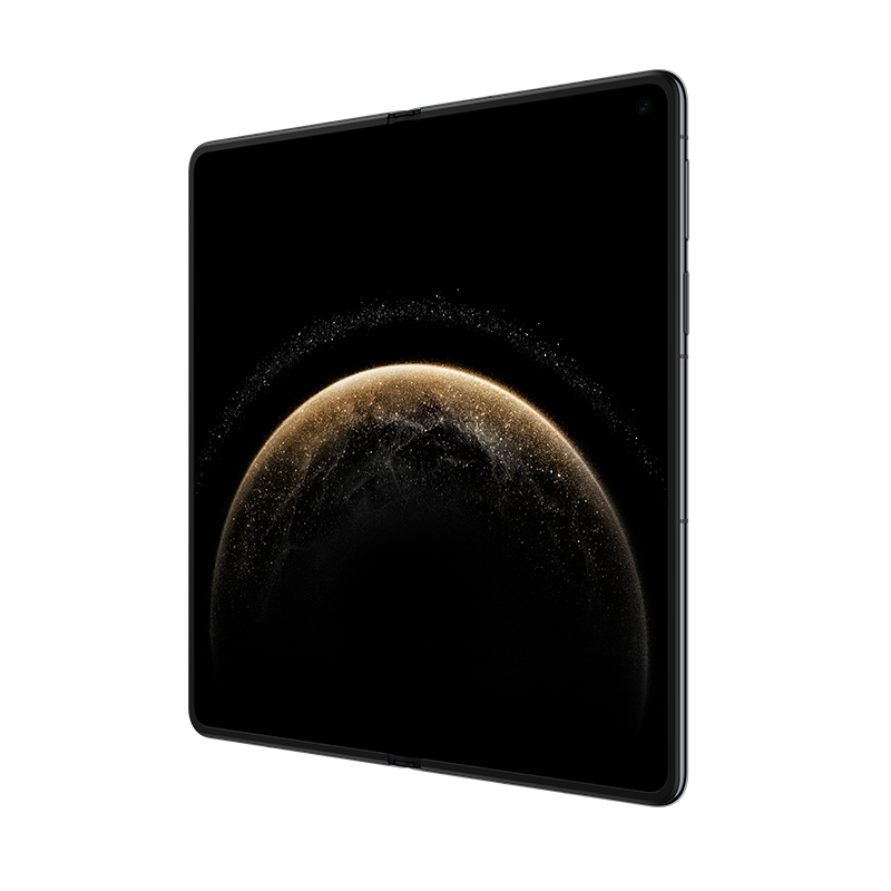 Ein zusammengeklapptes Tablet mit schwarzem Bildschirm, der ein galaxieartiges Design zeigt.