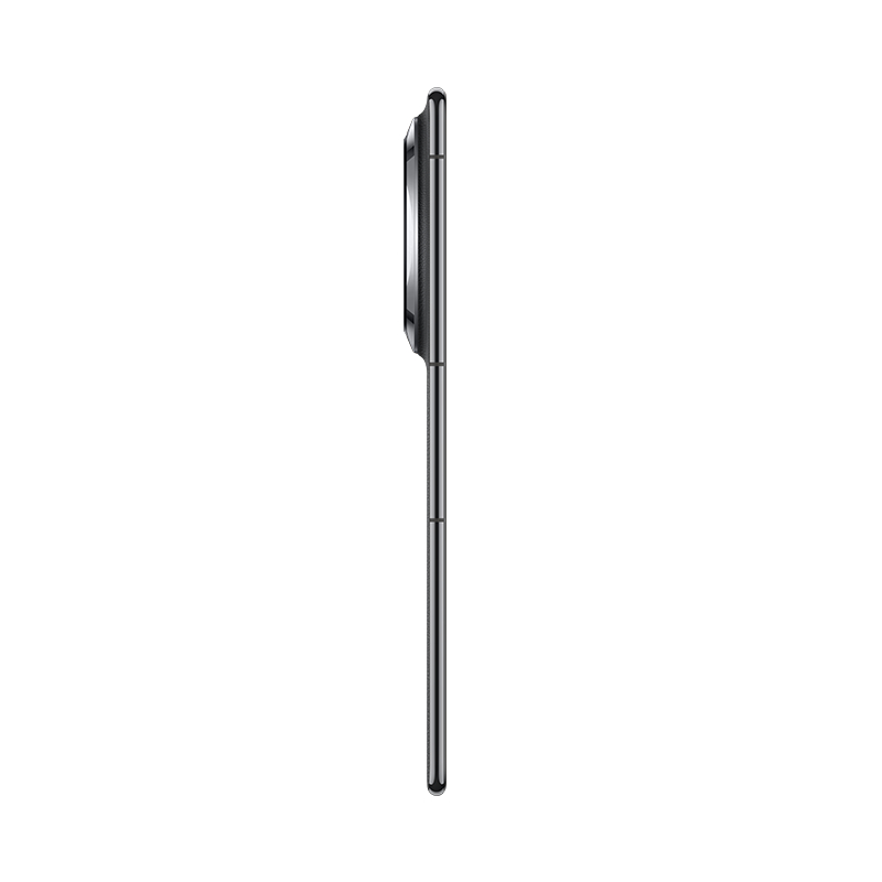 Ein schwarzes, gefaltetes Telefon von der Seite gesehen, das sein schlankes Profil zeigt.