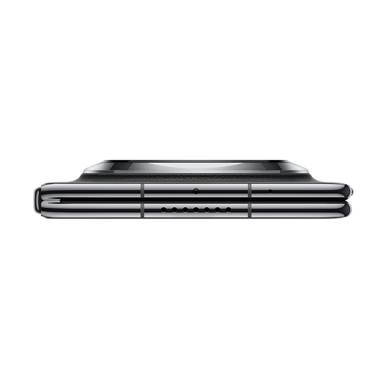 Faltbares Smartphone, Draufsicht, geschlossen. Silberner Rahmen, schwarzes Leder.