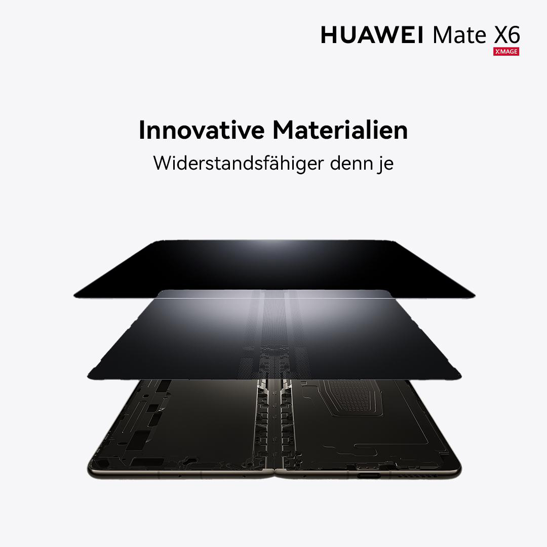 Telefonkomponenten geschichtet, schwarze Bildschirme. Text auf Deutsch, Huawei Mate X6.
