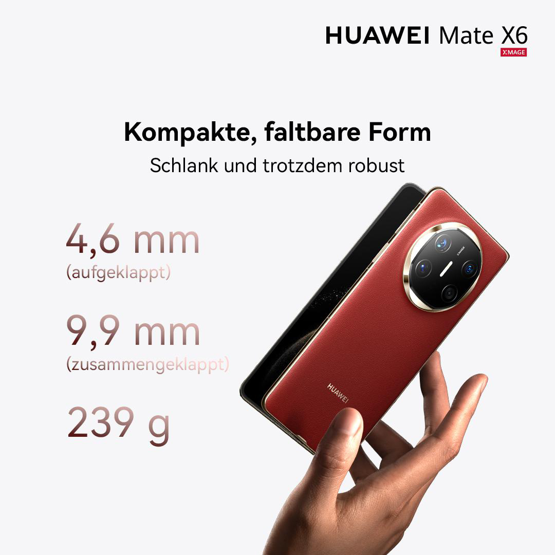 Rotes Huawei Mate X6 Telefon, gefaltet und entfaltet, mit Abmessungen und Gewicht.