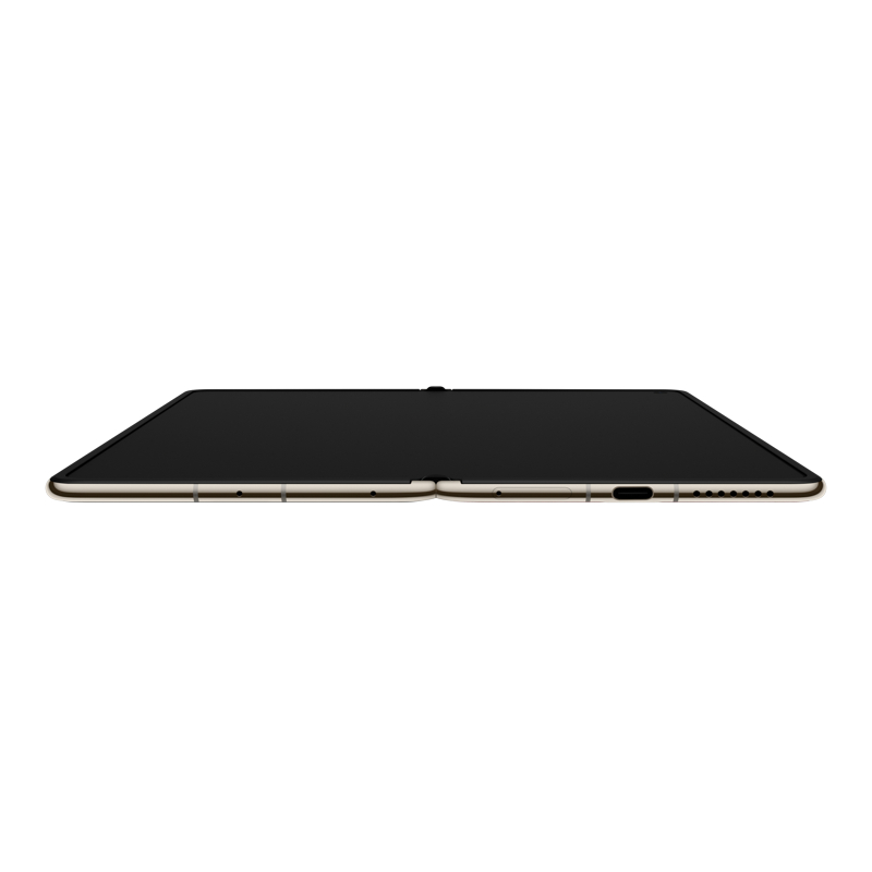 Schwarzes Tablet, geöffnet und flach liegend. Der Bildschirm ist schwarz mit Goldrand.