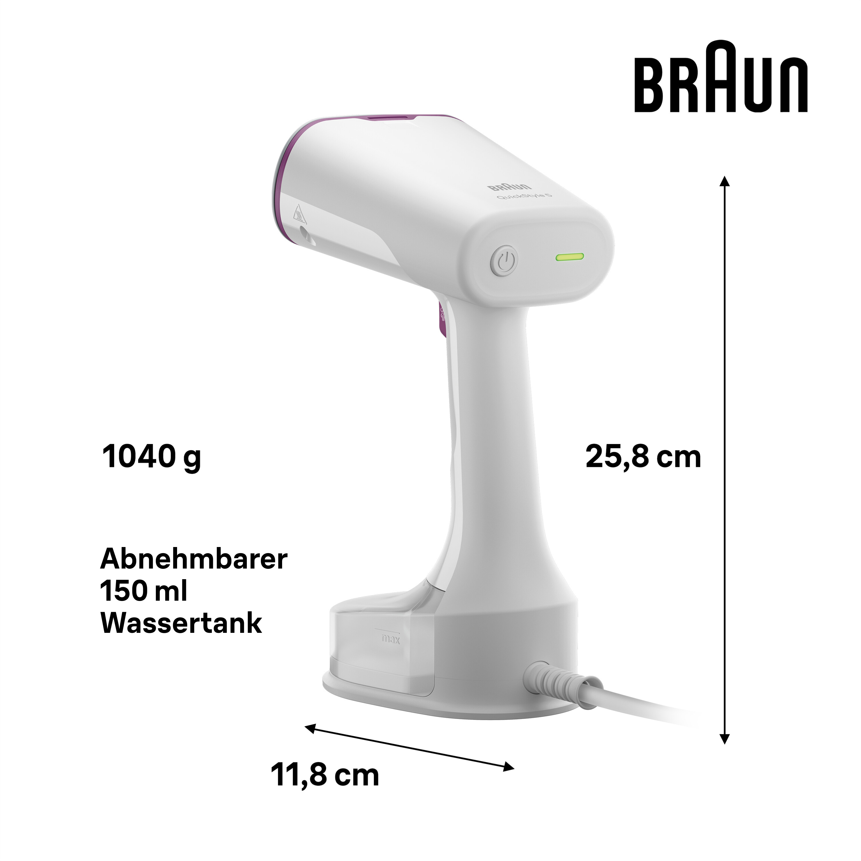 Ein weißer und lila Braun-Kleidungsdämpfer mit Maßen und dem Braun-Logo.