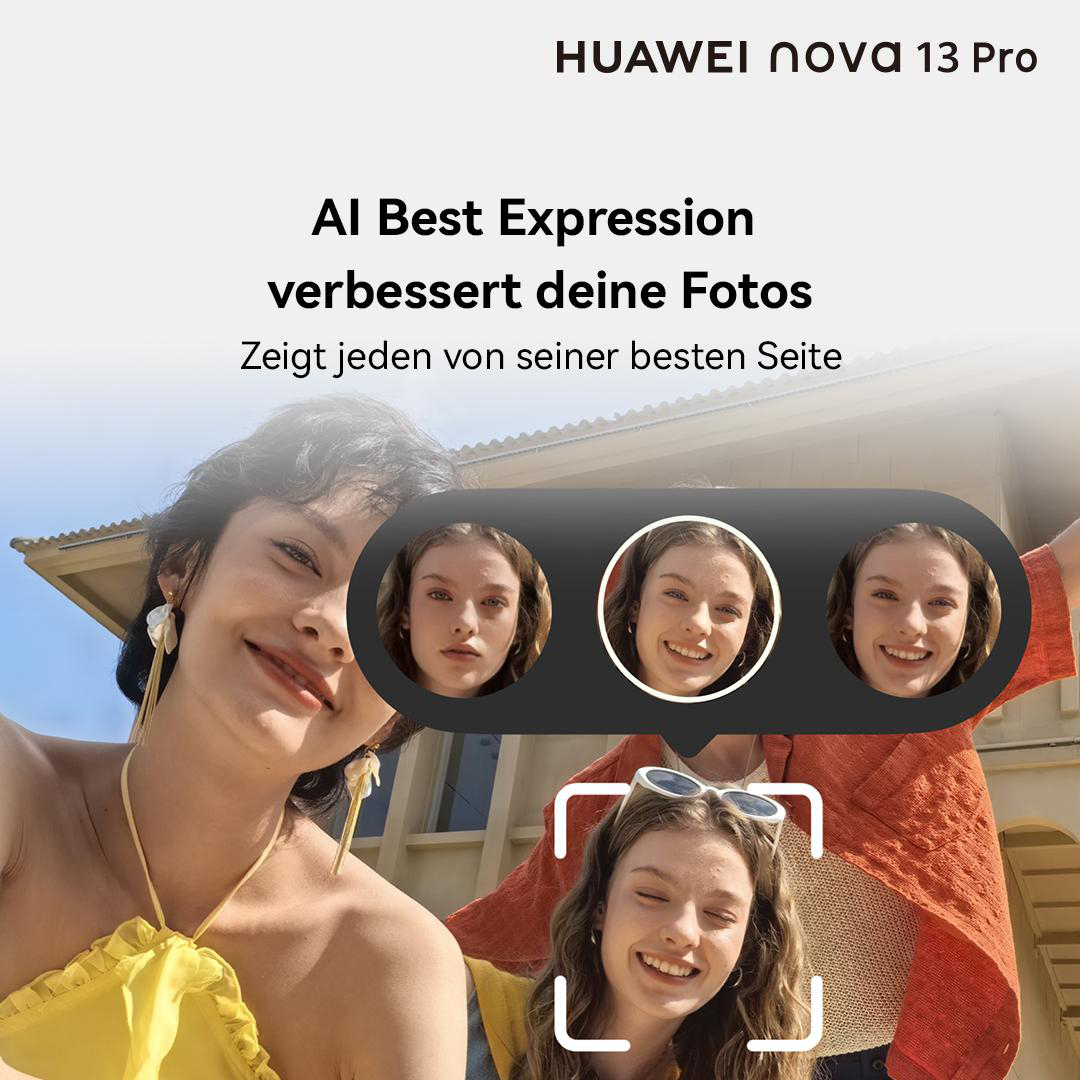 Werbebild für Huawei Nova 13 Pro, das KI-gestützte Fotoverbesserung zeigt.
