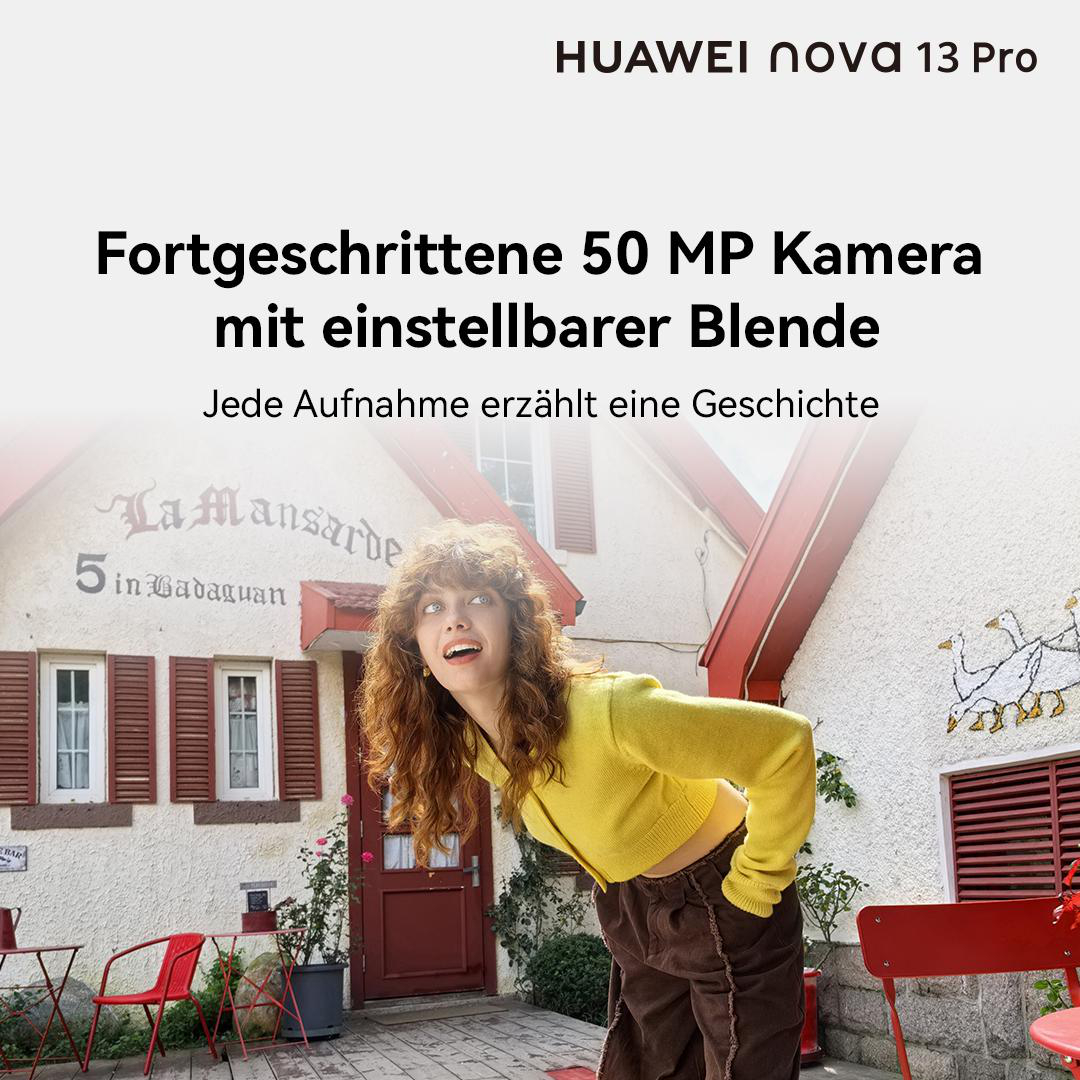 Frau blickt nach oben, vor Haus. Text: HUAWEI nova 13 Pro.